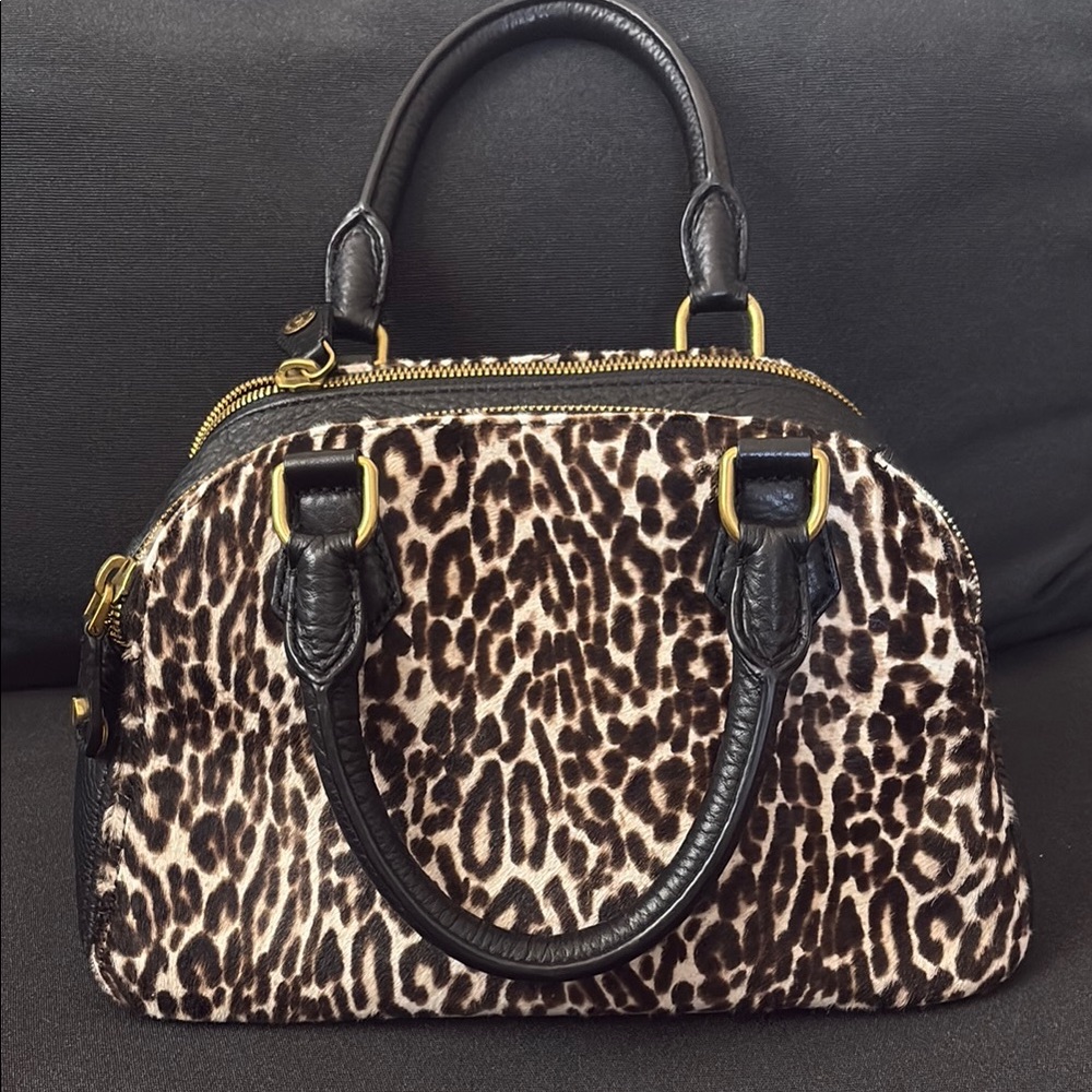 Brown and Black Satchel with Leopard Print and Gold Hardware